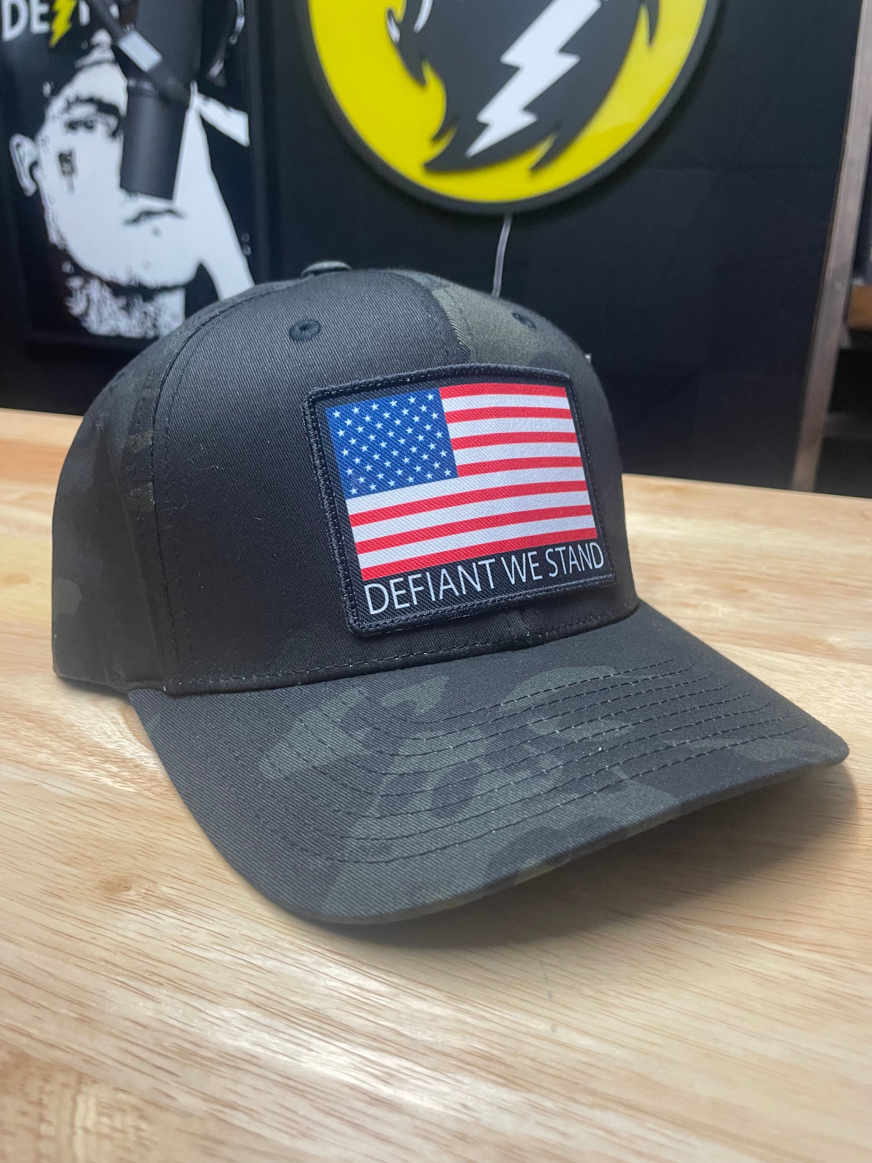 Defiant We Stand Flag Hat - Black Multicam FlexFit Hat